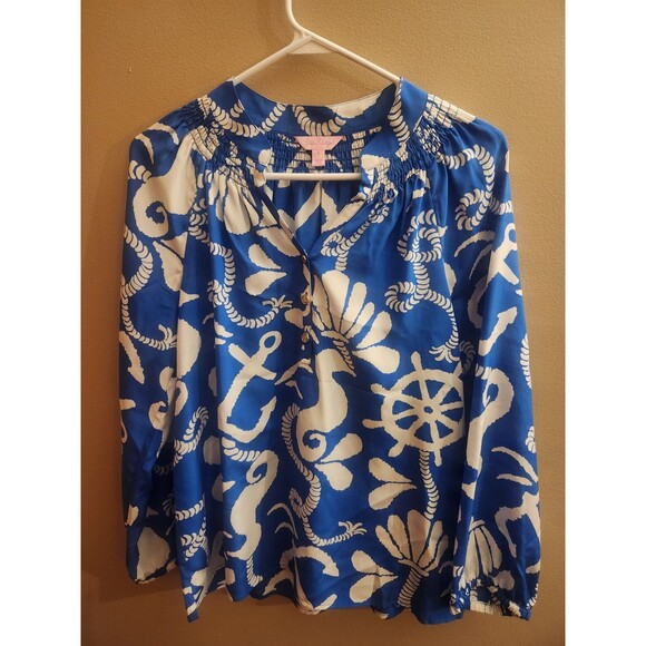 Lilly Pulitzer Tops - Lilly Pulitzer Elsa Silk Smocked Relaxed Button Front Blouse Tide Pools Navy S